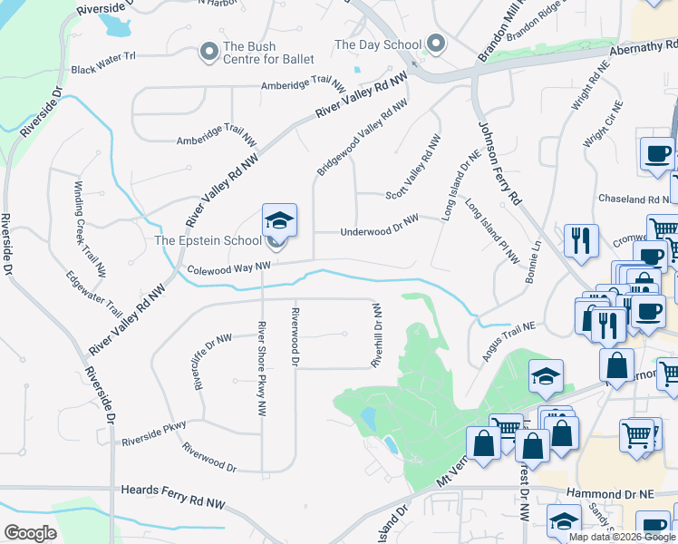 map of restaurants, bars, coffee shops, grocery stores, and more near 277 Colewood Way Northwest in Atlanta