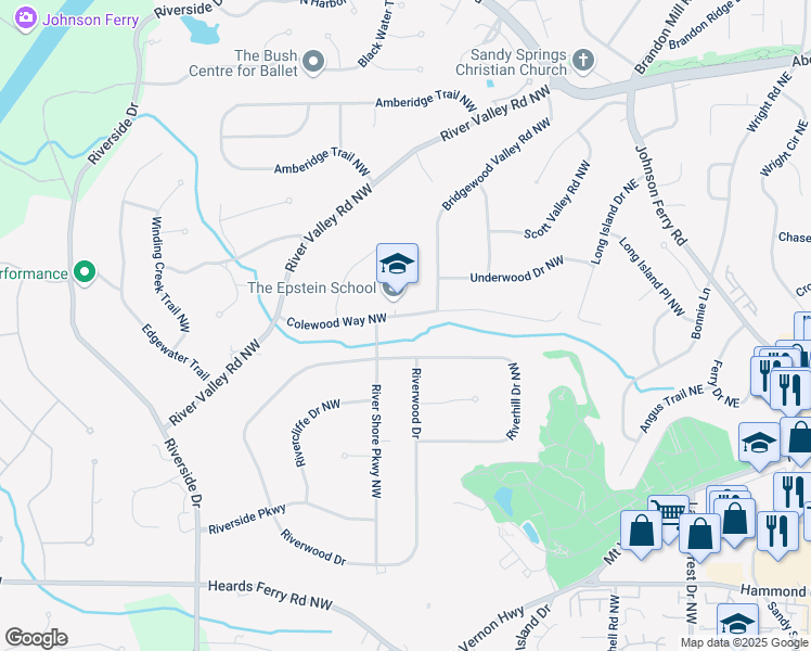 map of restaurants, bars, coffee shops, grocery stores, and more near 340 Colewood Way Northwest in Atlanta