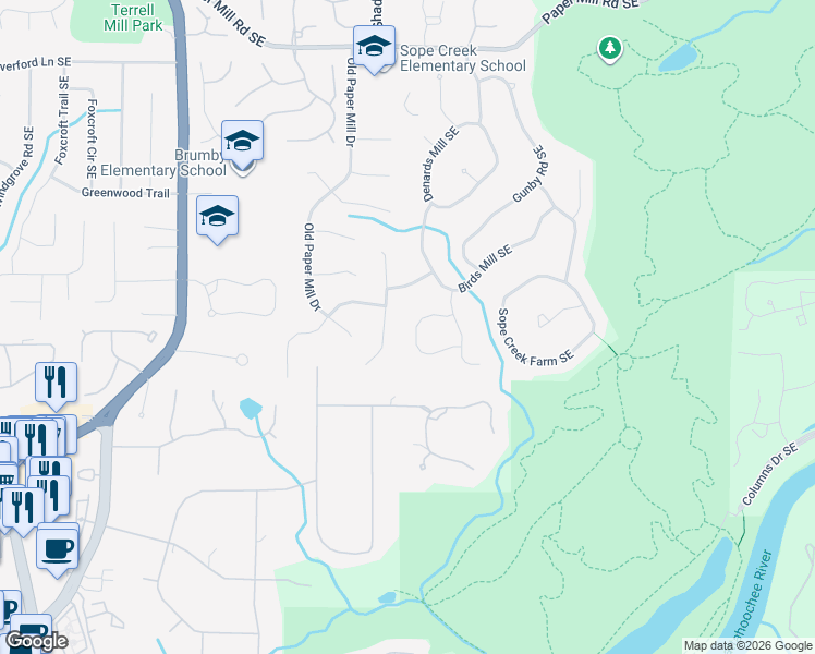 map of restaurants, bars, coffee shops, grocery stores, and more near 3574 Tuckers Farm Southeast in Marietta