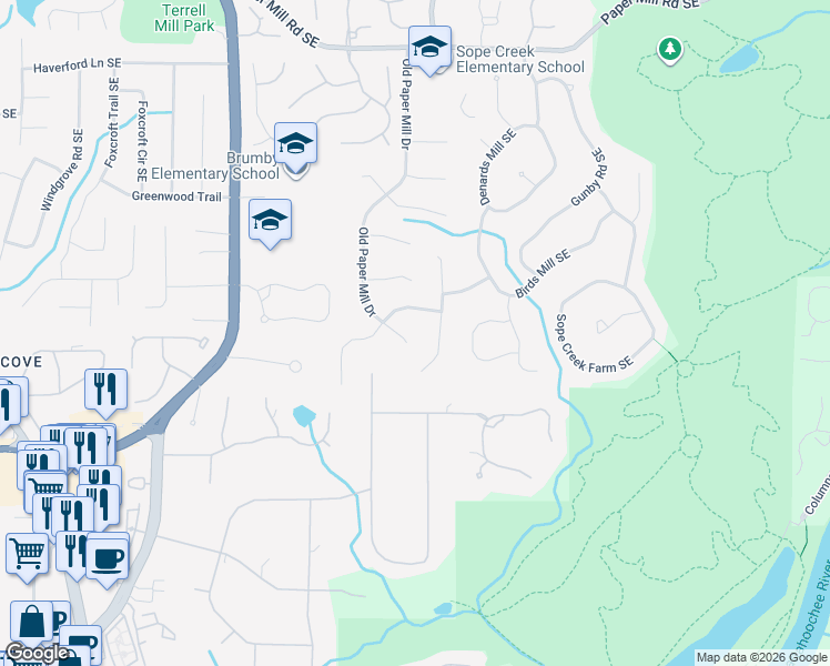 map of restaurants, bars, coffee shops, grocery stores, and more near 3204 Powers Ford in Marietta
