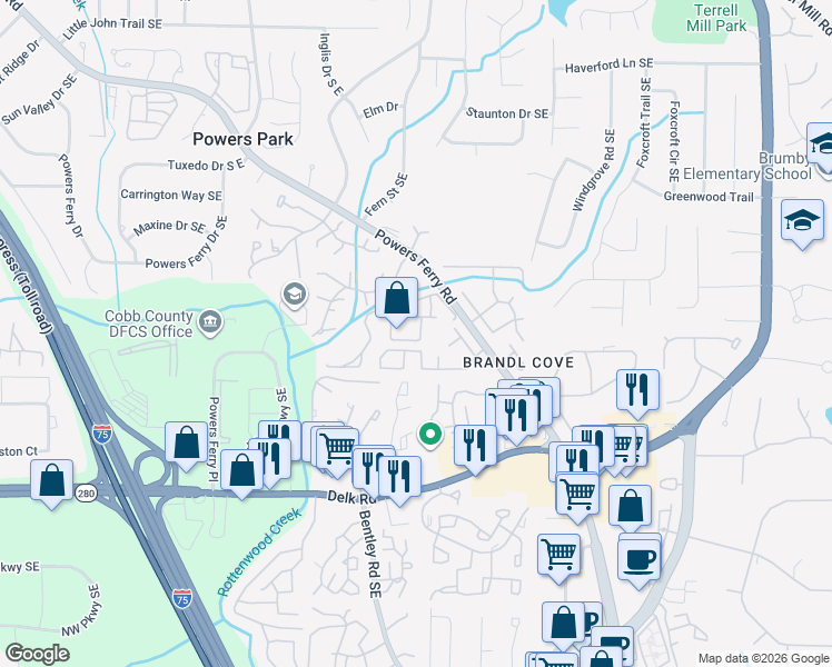 map of restaurants, bars, coffee shops, grocery stores, and more near 1151 Roselawn Lane Southeast in Marietta