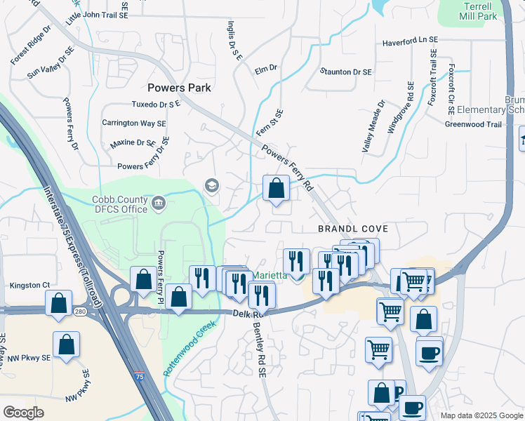 map of restaurants, bars, coffee shops, grocery stores, and more near 2674 Greentree Drive Southeast in Marietta