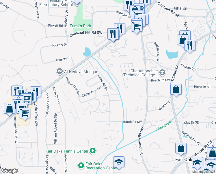 map of restaurants, bars, coffee shops, grocery stores, and more near 1221 Brownstone Drive Southwest in Marietta