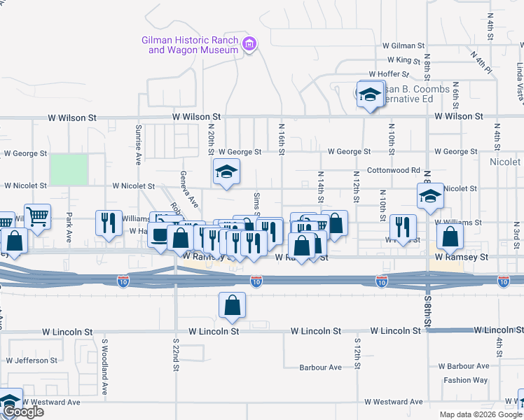 map of restaurants, bars, coffee shops, grocery stores, and more near 270 Sims Street in Banning