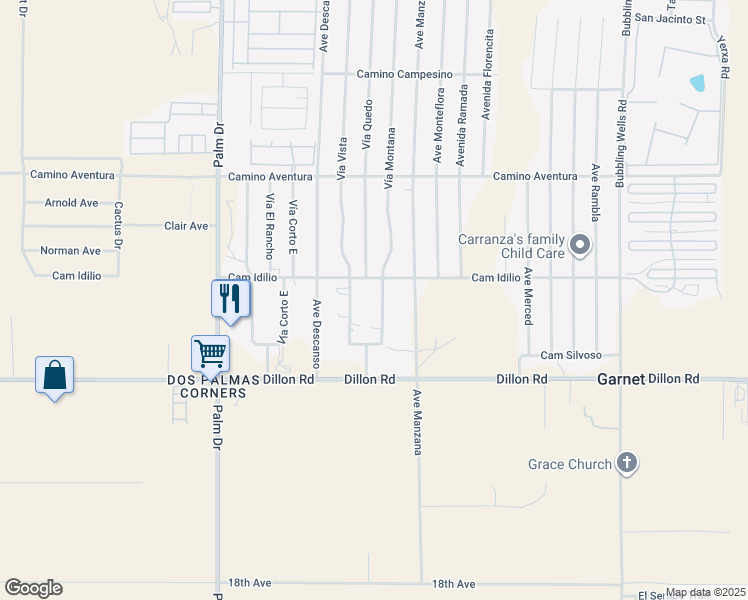 map of restaurants, bars, coffee shops, grocery stores, and more near 16540 Vía Montana in Desert Hot Springs