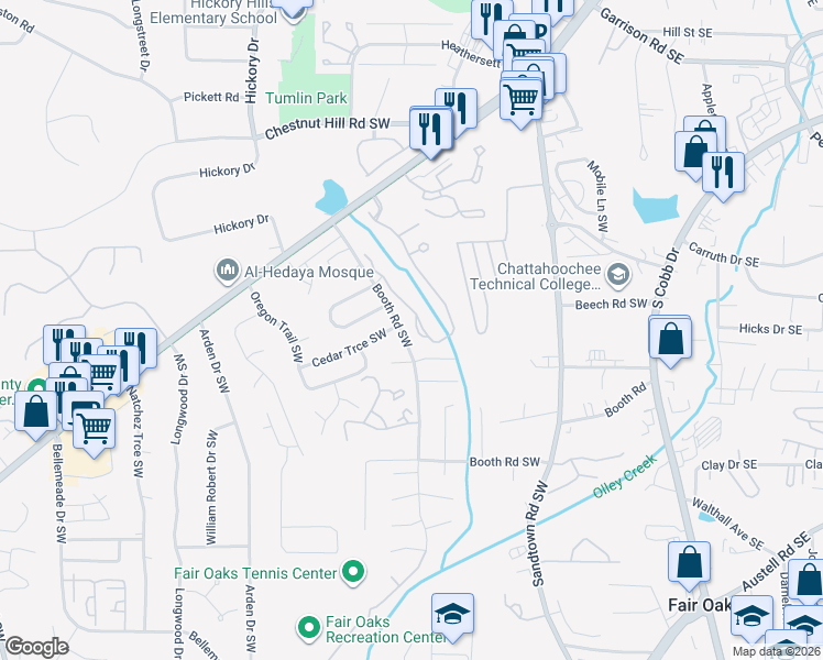 map of restaurants, bars, coffee shops, grocery stores, and more near 1221 Brownstone Drive Southwest in Marietta