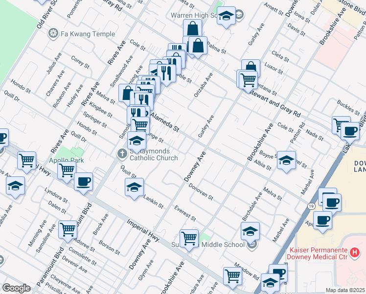 map of restaurants, bars, coffee shops, grocery stores, and more near 12226 Gneiss Avenue in Downey