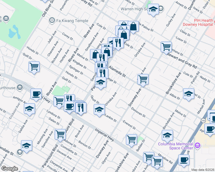 map of restaurants, bars, coffee shops, grocery stores, and more near 12256 Paramount Boulevard in Downey