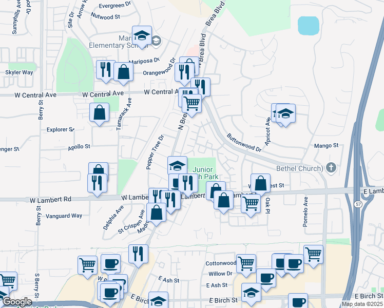 map of restaurants, bars, coffee shops, grocery stores, and more near 653 Clover Court in Brea