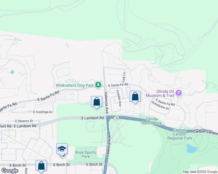 map of restaurants, bars, coffee shops, grocery stores, and more near 3607 Falcon Way in Brea