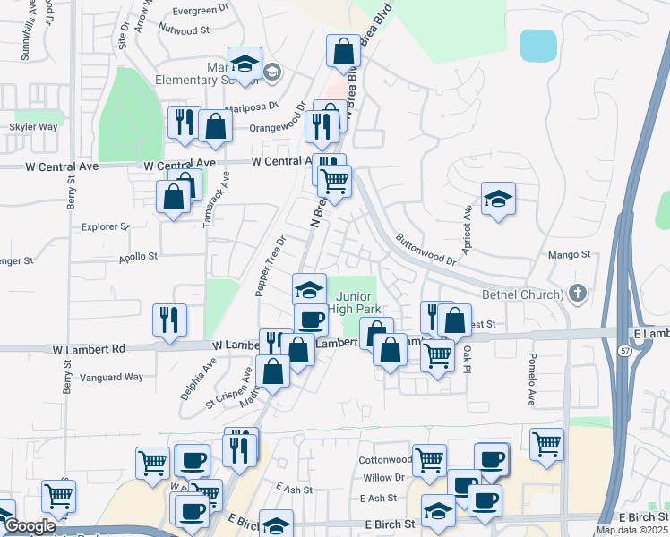 map of restaurants, bars, coffee shops, grocery stores, and more near 653 Clover Court in Brea