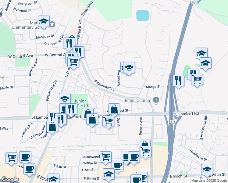 map of restaurants, bars, coffee shops, grocery stores, and more near 490 Buttonwood Drive in Brea