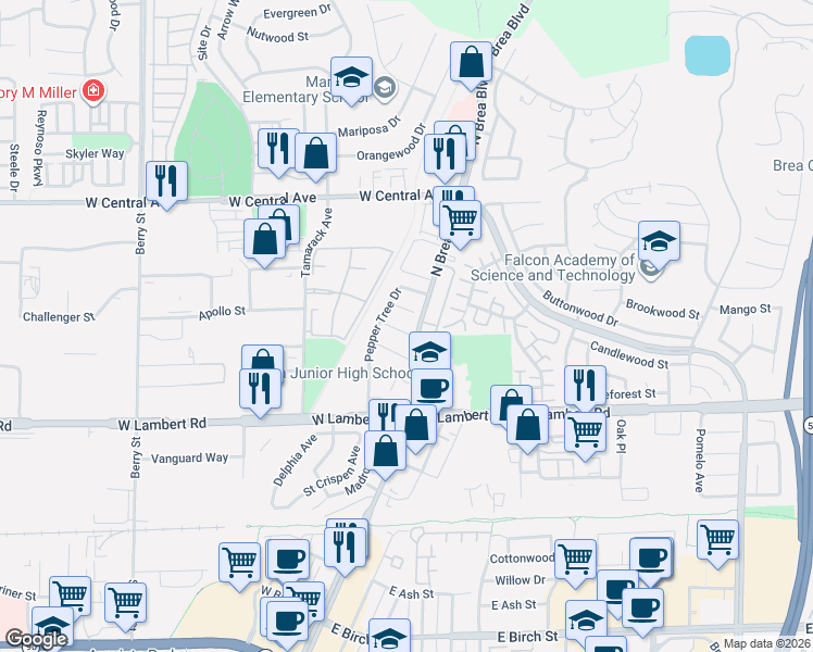 map of restaurants, bars, coffee shops, grocery stores, and more near 105 Clove Place in Brea