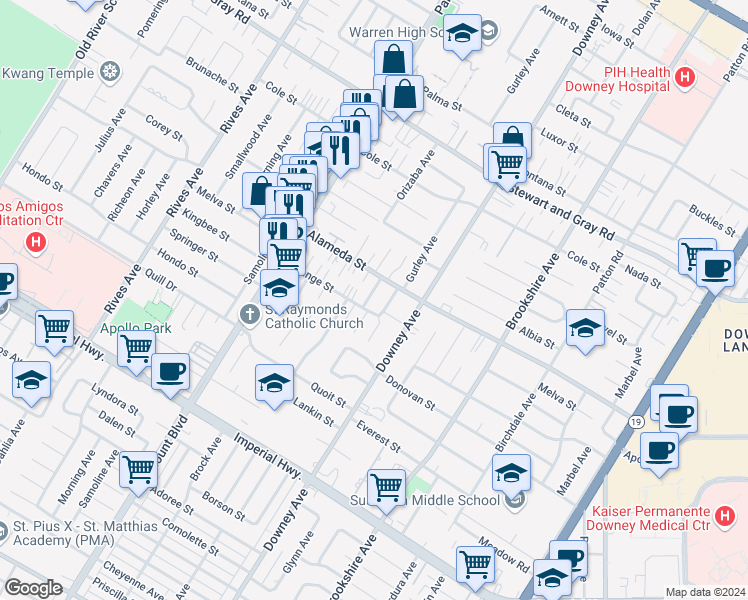 map of restaurants, bars, coffee shops, grocery stores, and more near 12226 Gneiss Avenue in Downey