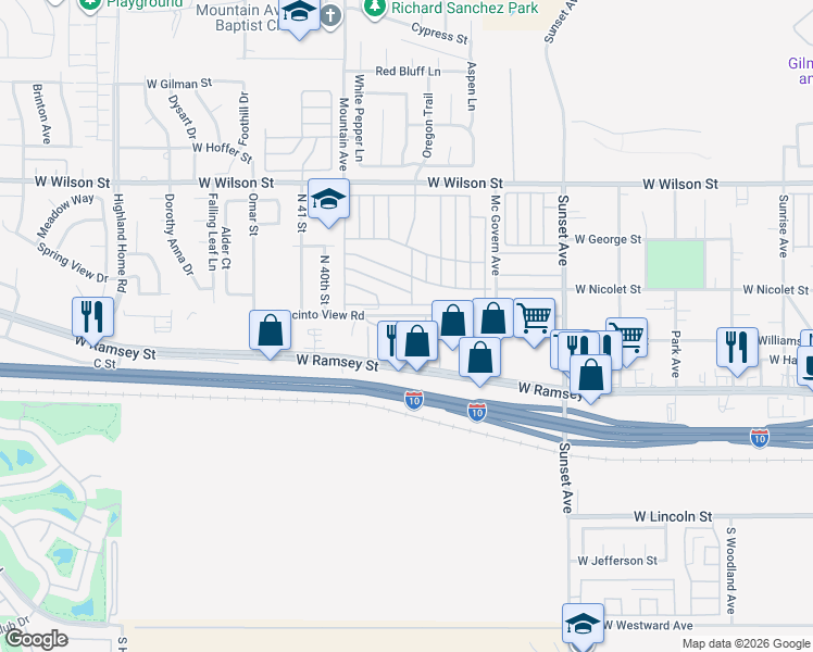 map of restaurants, bars, coffee shops, grocery stores, and more near 3800 West Wilson Street in Banning