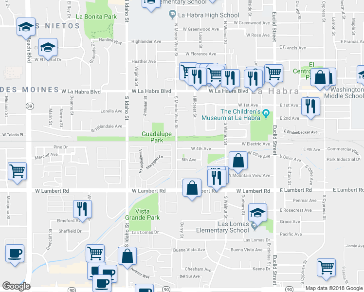 map of restaurants, bars, coffee shops, grocery stores, and more near 739 W 4th Ave in La Habra