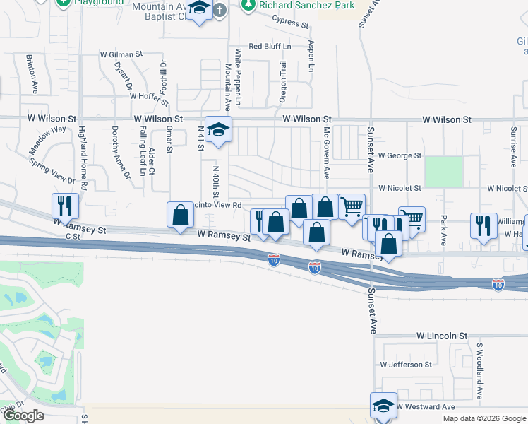 map of restaurants, bars, coffee shops, grocery stores, and more near 3800 West Wilson Street in Banning