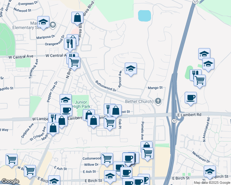 map of restaurants, bars, coffee shops, grocery stores, and more near 490 Buttonwood Drive in Brea