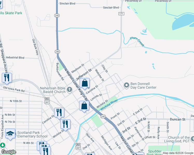 map of restaurants, bars, coffee shops, grocery stores, and more near 806 Webster Street in Wichita Falls
