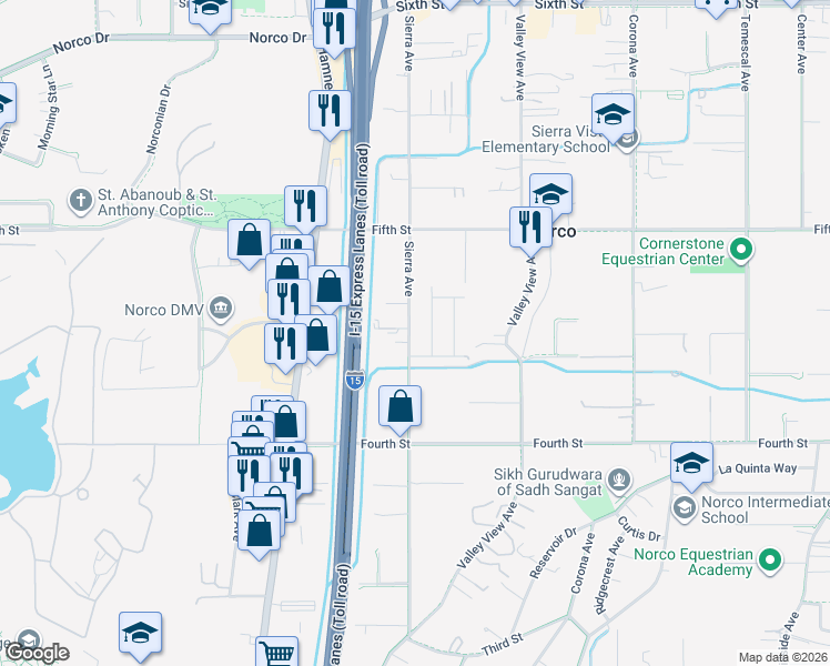 map of restaurants, bars, coffee shops, grocery stores, and more near 3212 Melanie Avenue in Norco