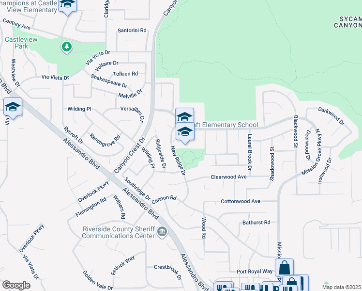 map of restaurants, bars, coffee shops, grocery stores, and more near 959 Mission Grove Parkway North in Riverside