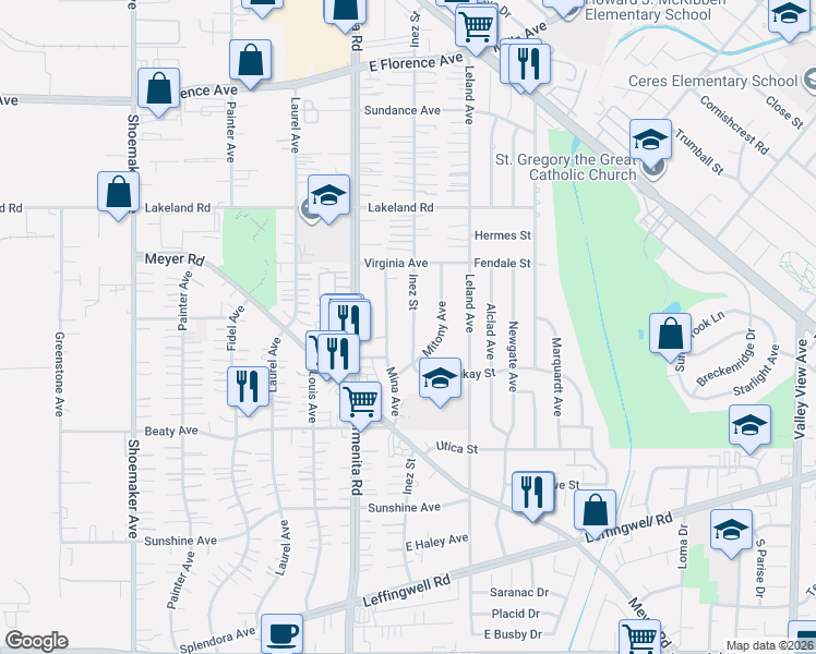 map of restaurants, bars, coffee shops, grocery stores, and more near 11314 Inez Street in Whittier