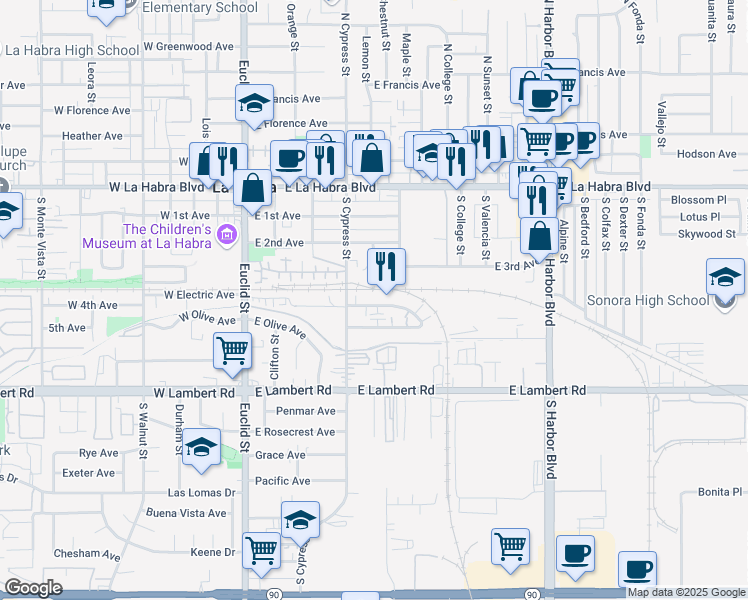 map of restaurants, bars, coffee shops, grocery stores, and more near 506 East 3rd Avenue in La Habra