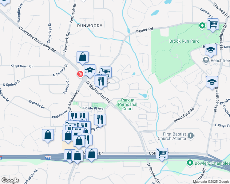 map of restaurants, bars, coffee shops, grocery stores, and more near 4336 Village Oaks Lane in Dunwoody