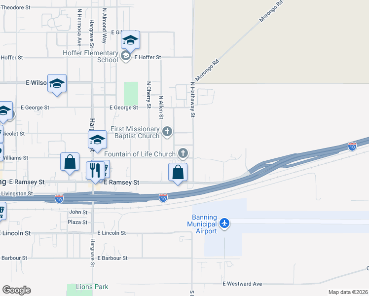 map of restaurants, bars, coffee shops, grocery stores, and more near 1532 East Jacinto View Road in Banning