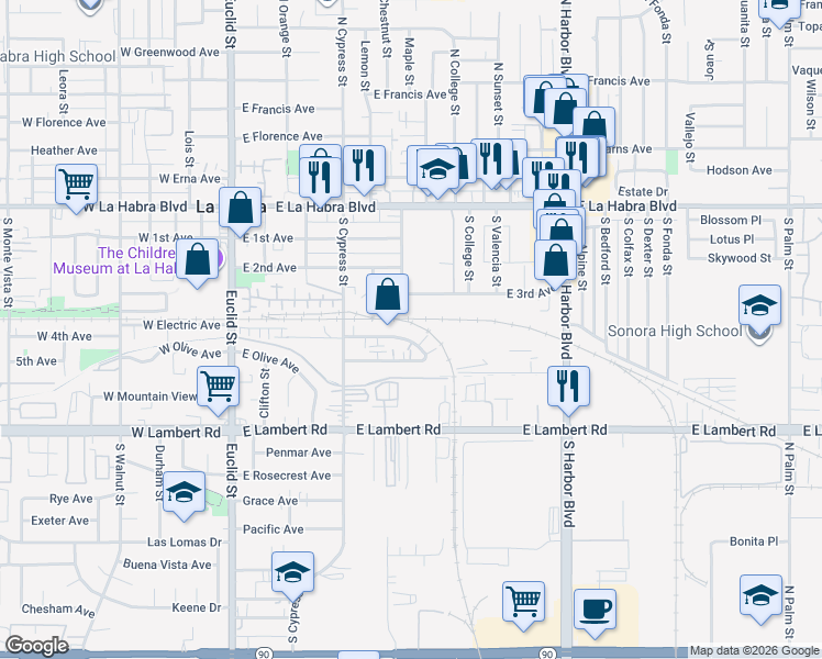map of restaurants, bars, coffee shops, grocery stores, and more near 620 East 3rd Avenue in La Habra