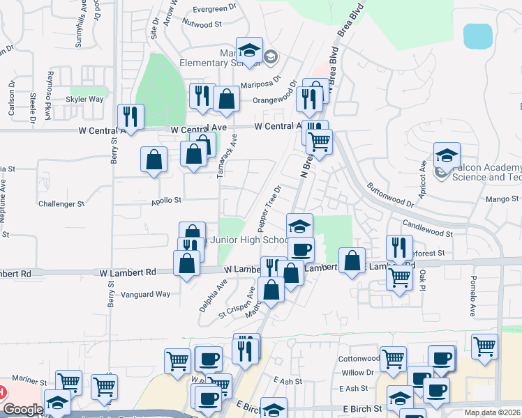 map of restaurants, bars, coffee shops, grocery stores, and more near 515 Pepper Tree Drive in Brea