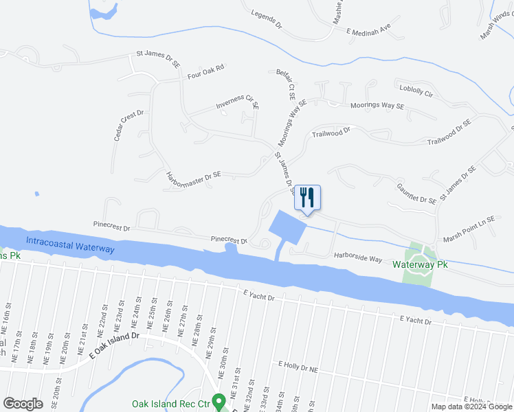map of restaurants, bars, coffee shops, grocery stores, and more near 2537 Saint James Drive Southeast in Southport