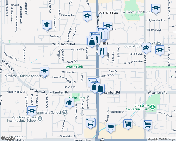 map of restaurants, bars, coffee shops, grocery stores, and more near 2161 Wilshire Avenue in La Habra