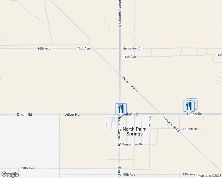 map of restaurants, bars, coffee shops, grocery stores, and more near 16605 Indian Canyon Drive in Desert Hot Springs