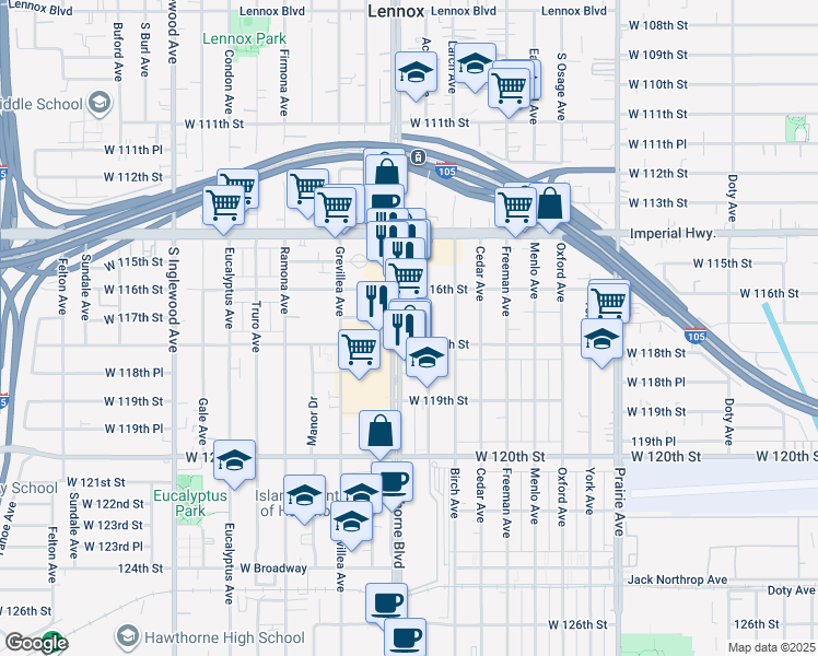 map of restaurants, bars, coffee shops, grocery stores, and more near 11625 Acacia Avenue in Hawthorne