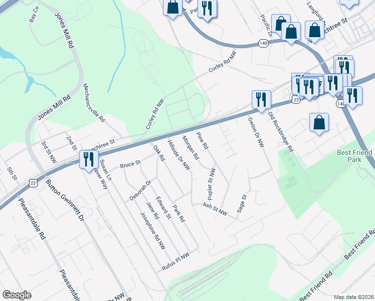 map of restaurants, bars, coffee shops, grocery stores, and more near 3511 Morgan Road in Atlanta