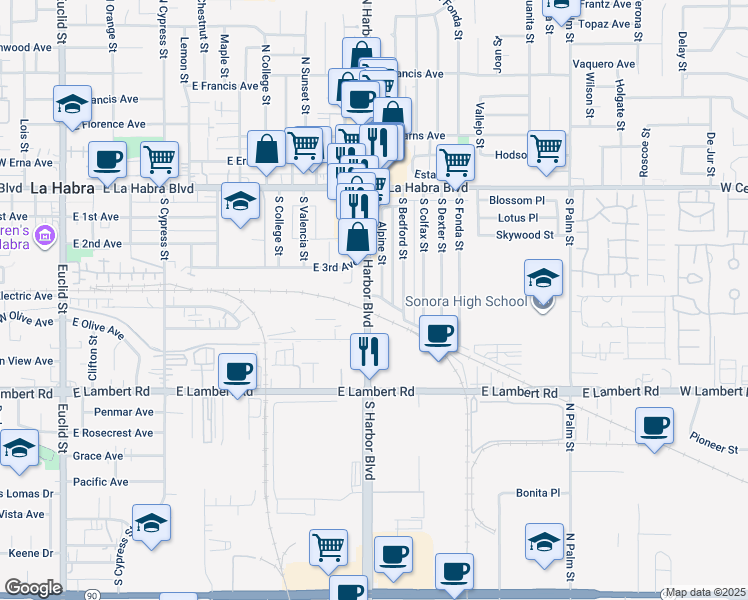 map of restaurants, bars, coffee shops, grocery stores, and more near 415 Alpine Street in La Habra