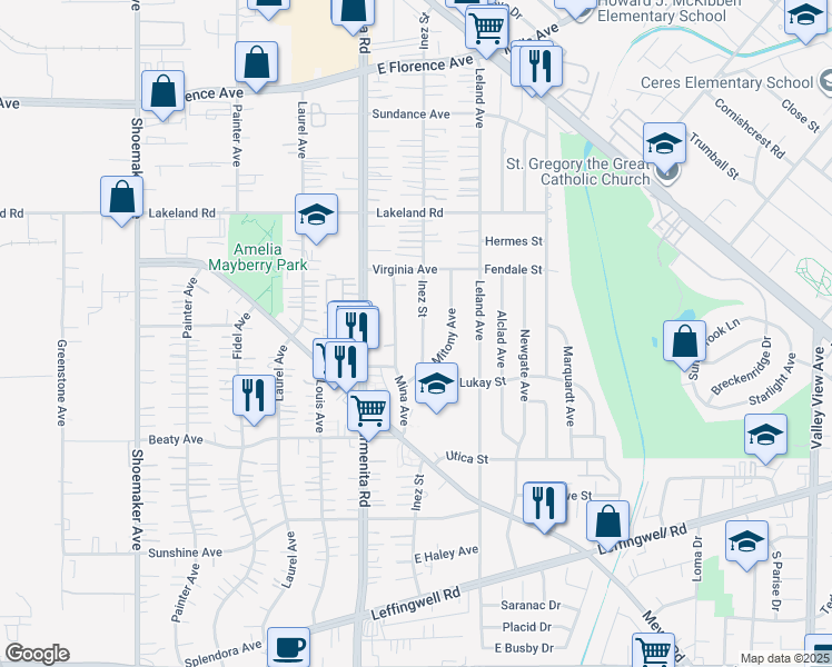 map of restaurants, bars, coffee shops, grocery stores, and more near 11403 Inez Street in Whittier