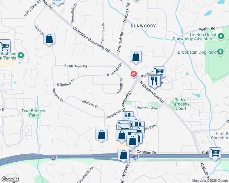 map of restaurants, bars, coffee shops, grocery stores, and more near 4492 Kellogg Circle in Dunwoody