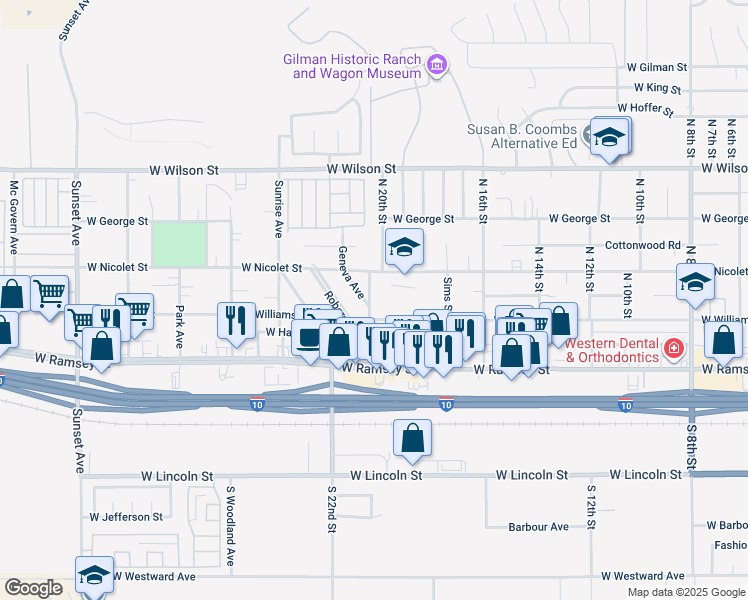 map of restaurants, bars, coffee shops, grocery stores, and more near 284 North 21 Street in Banning