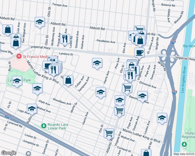 map of restaurants, bars, coffee shops, grocery stores, and more near 3993 Le Sage Street in Lynwood