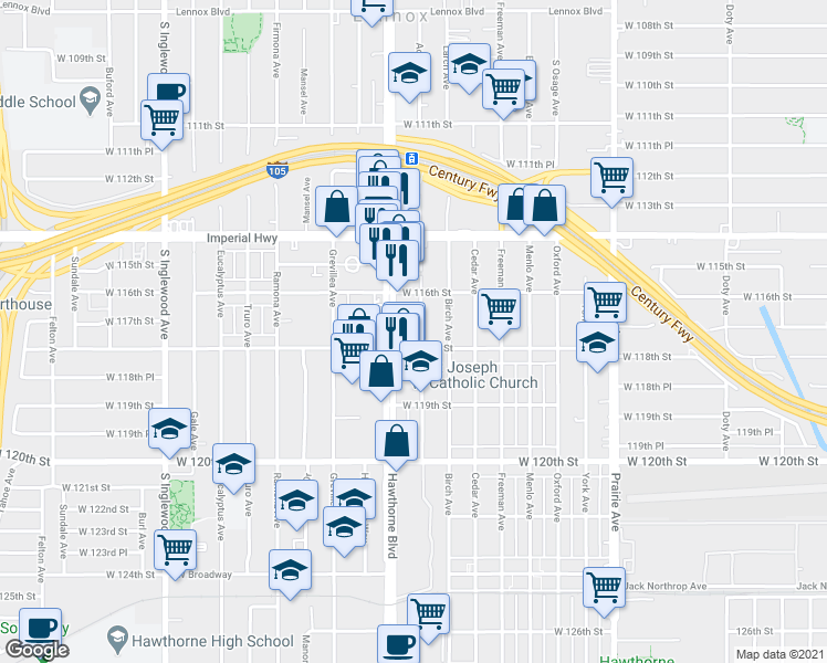 map of restaurants, bars, coffee shops, grocery stores, and more near 11707 Acacia Avenue in Hawthorne