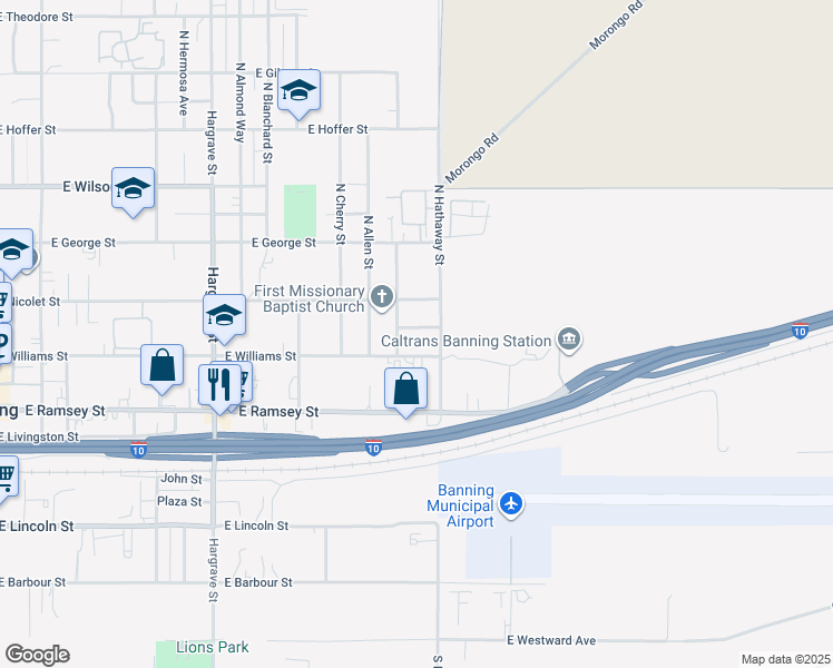 map of restaurants, bars, coffee shops, grocery stores, and more near 1481 East Jacinto View Road in Banning
