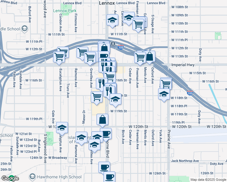 map of restaurants, bars, coffee shops, grocery stores, and more near 11707 Acacia Avenue in Hawthorne