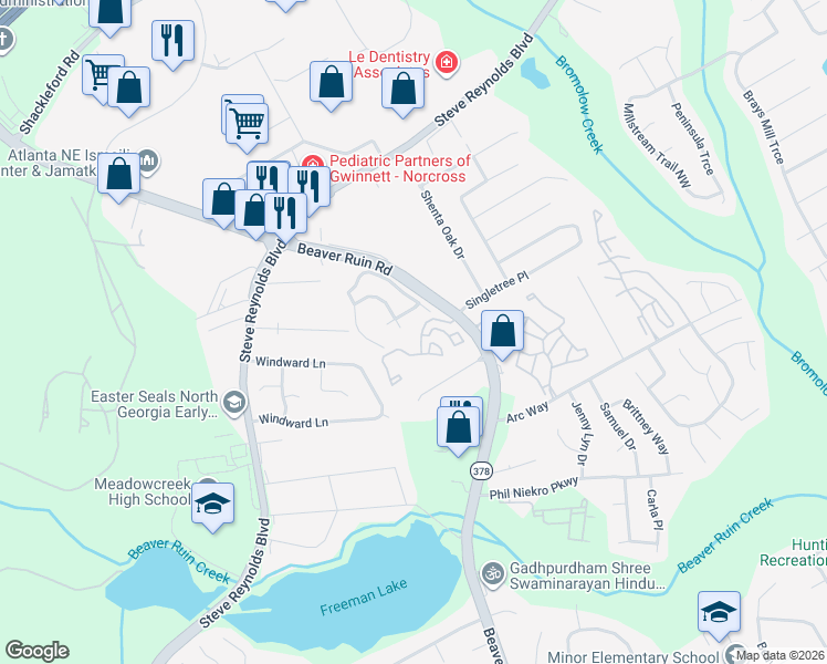 map of restaurants, bars, coffee shops, grocery stores, and more near 1359 Beaver Ruin Road in Norcross
