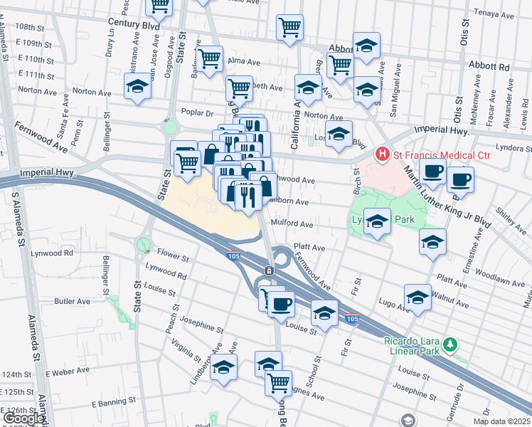 map of restaurants, bars, coffee shops, grocery stores, and more near 11350 Long Beach Boulevard in Lynwood
