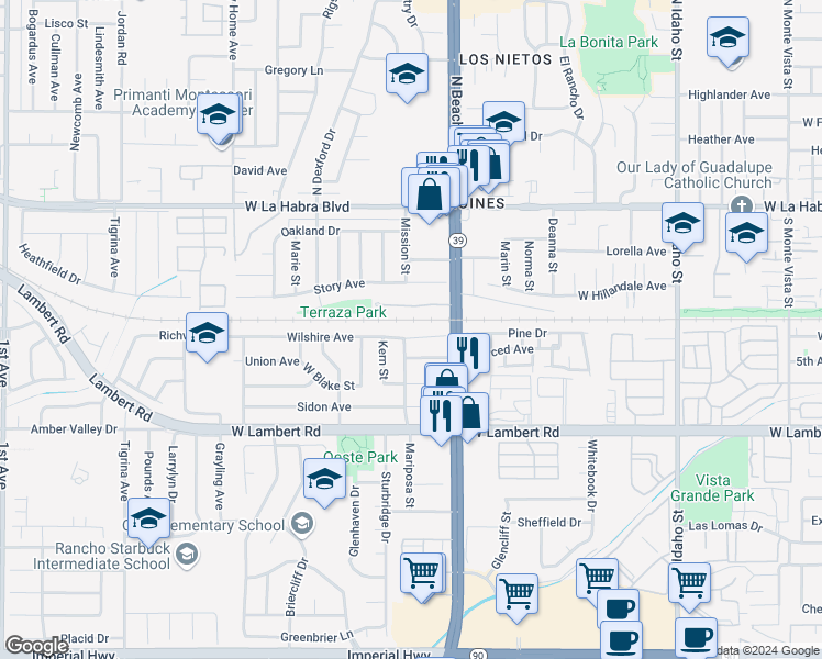 map of restaurants, bars, coffee shops, grocery stores, and more near 2161 Wilshire Avenue in La Habra