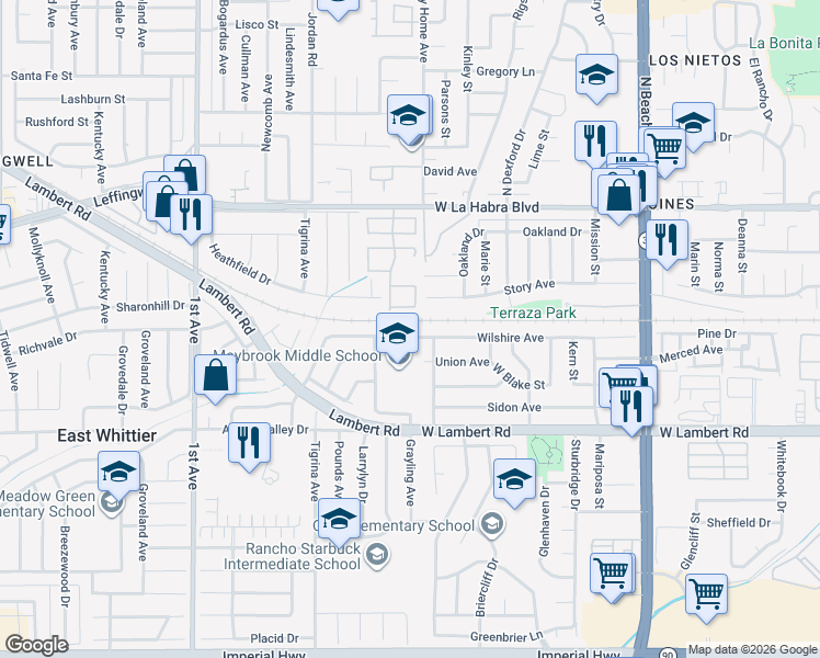 map of restaurants, bars, coffee shops, grocery stores, and more near 2640 Story Avenue in La Habra