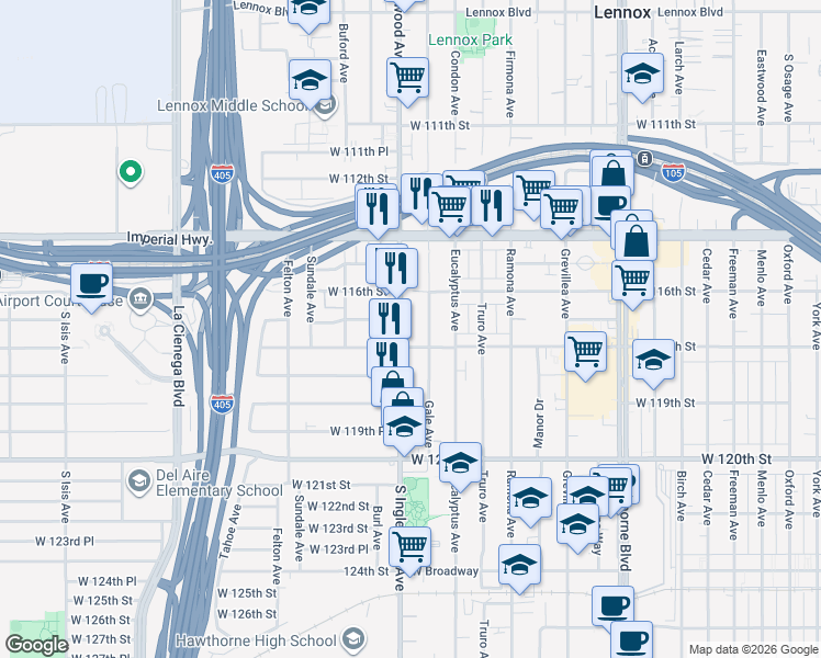 map of restaurants, bars, coffee shops, grocery stores, and more near 11633 Gale Avenue in Hawthorne