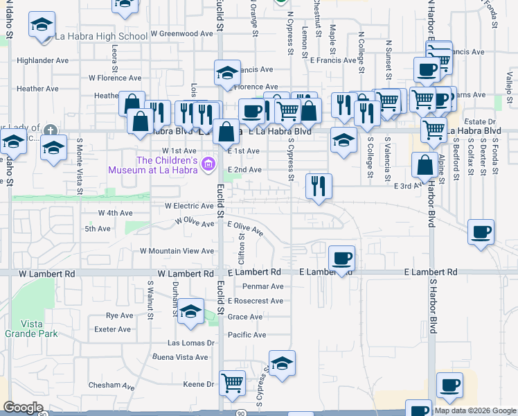 map of restaurants, bars, coffee shops, grocery stores, and more near 393 South Cordoba Court in La Habra